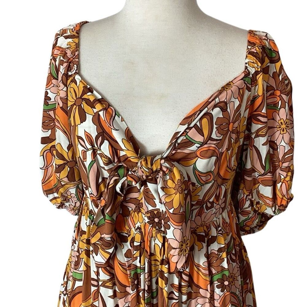 ELOQUII Sz 18 Retro Floral Tie Front Puff Sleeve Maxi Dress 70s Boho - Picture 3 of 10